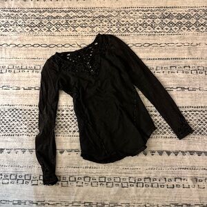 Free People Black Long Sleeve Blouse with Buttoned Details